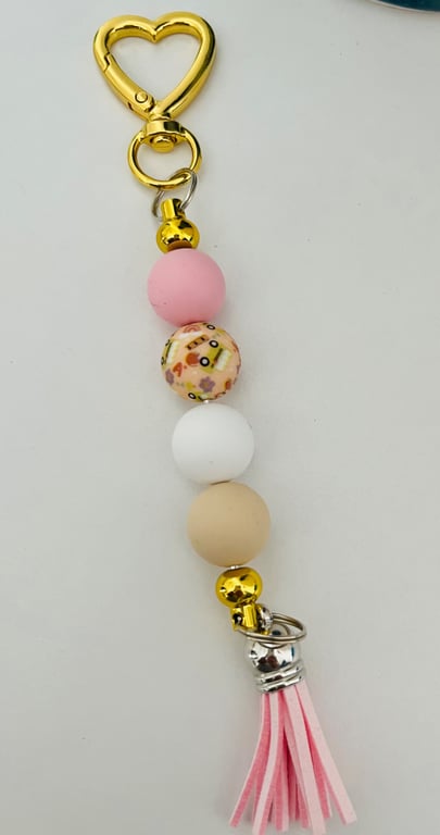 Gold tone Keyring or purse charm with pastel beads 