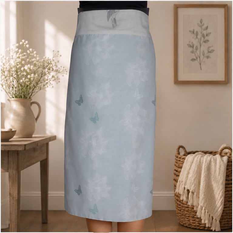 Apron Reversible Birds & Butterflies Pale grey & teal. Long length Shabby chic