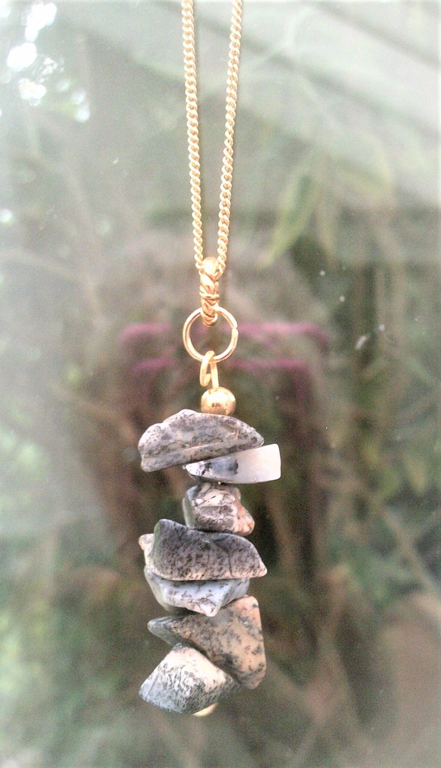 Grey Dendritic Opal Gemstone Pendant Necklace, Gold Vermeil Chain