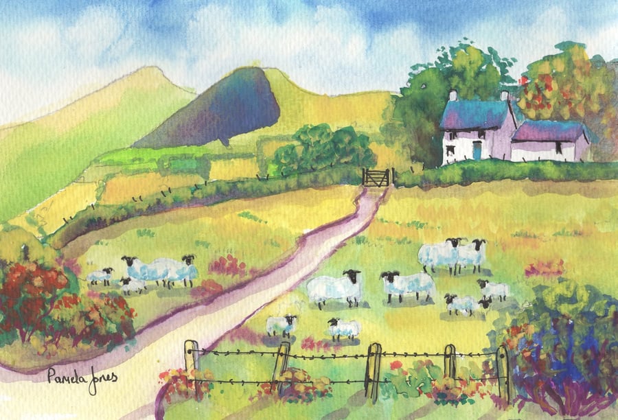 Visiters, At Hillside Cottage, Brecon, Original Watercolour in 14 x 11'' Mount