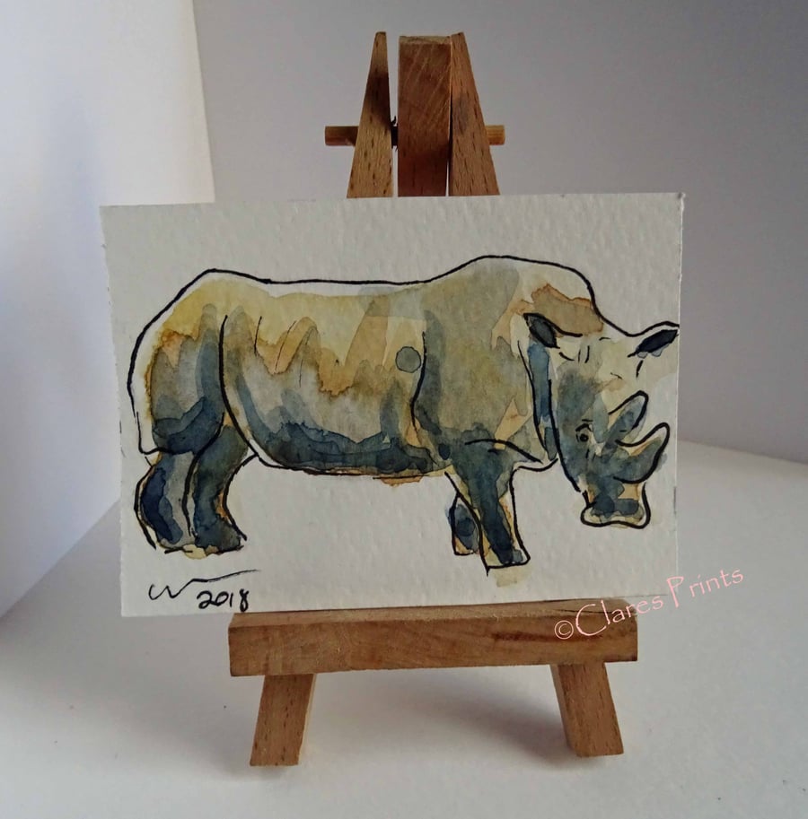 ACEO Rhino Pose Animal Art Original Watercolour and Ink Painting OOAK