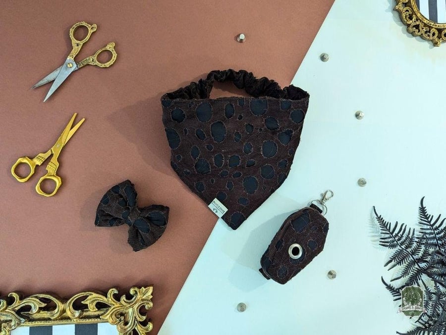 Matching Set Elastic  Bandana, Bow Tie & Coffin Poo Bag Holder Brown Grunge