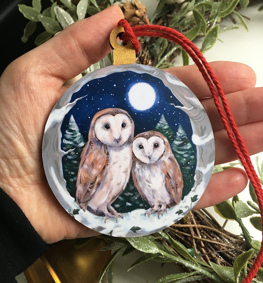 Winter Barn Owls - Hanging Decoration