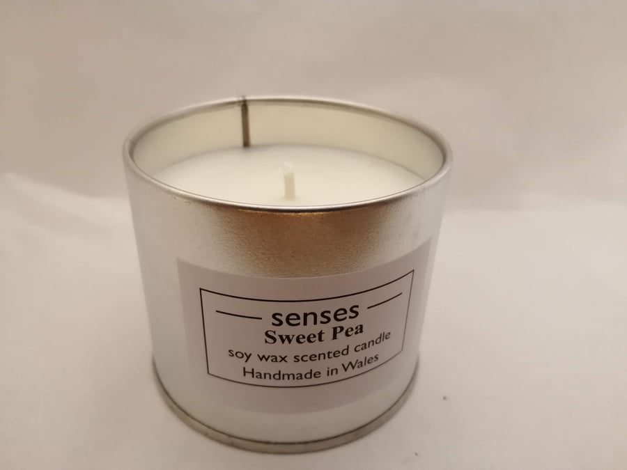 Sweet Pea scented soy wax candle tin handmade in mid Wales