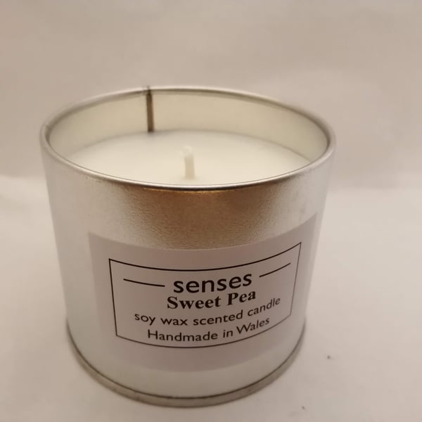 Sweet Pea scented soy wax candle tin handmade in mid Wales