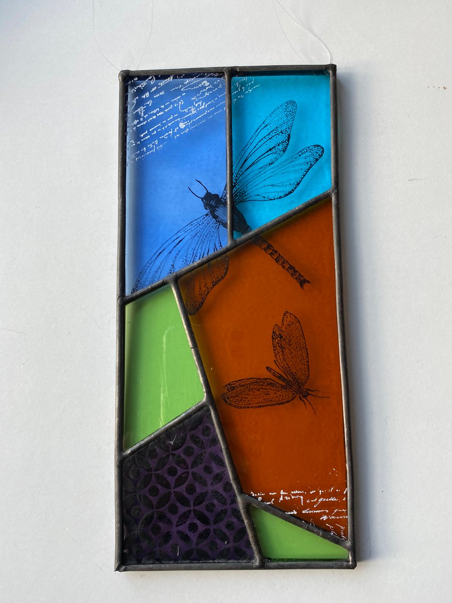 Stained Glass Screen Printed Dragonfly Panel