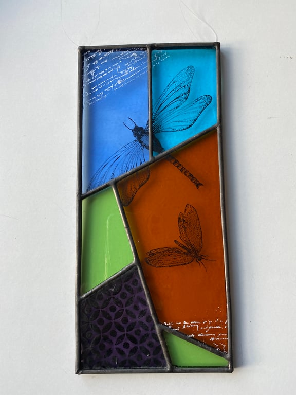 Stained Glass Screen Printed Dragonfly Panel