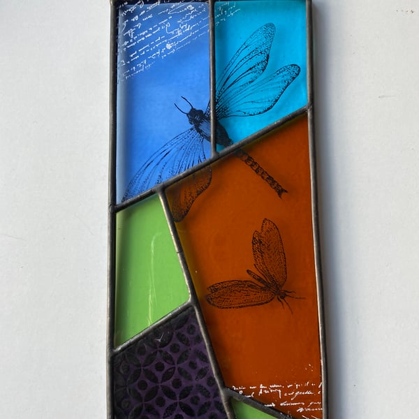 Stained Glass Screen Printed Dragonfly Panel