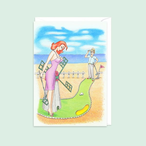 Crazy Golf Greeting Card: Seaside Postcard Style Pencil Illustration (805)