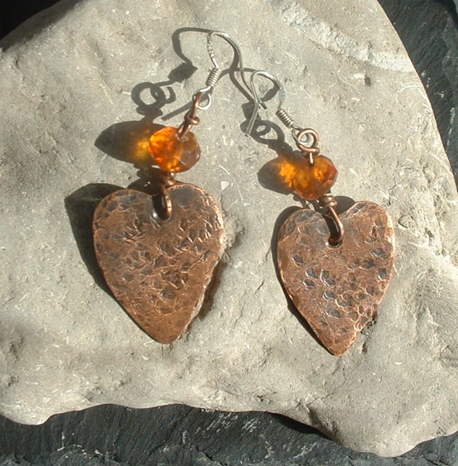 Rustic Copper Love Heart Earrings with Vintage Amber Beads