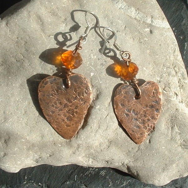 Rustic Copper Love Heart Earrings with Vintage Amber Beads