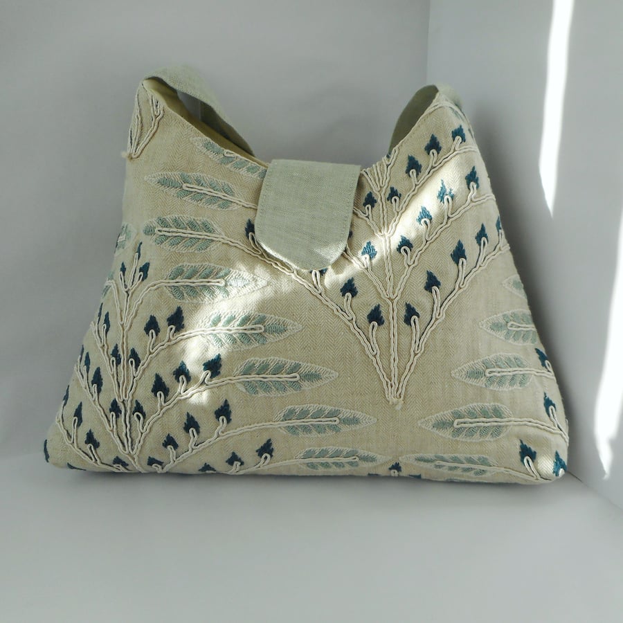 Embroidered fabric linen bag in grey and duck egg