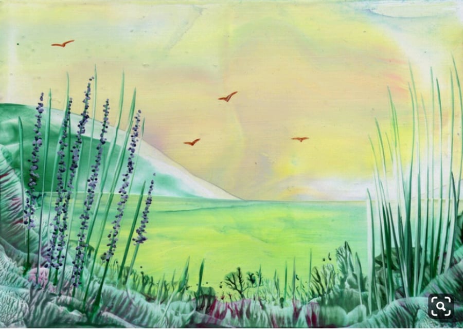 Green meadow lake original encaustic art painting 