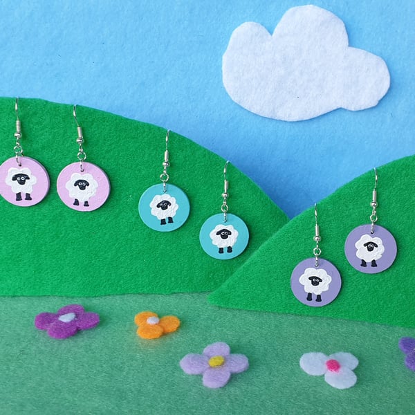 Hand painted wooden sheep earrings
