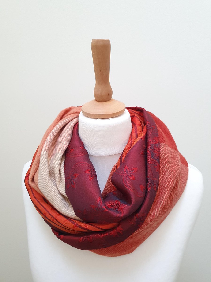 Sari silk and tweed double sided infinity scarf - snood. Autumnal colours, tan, 