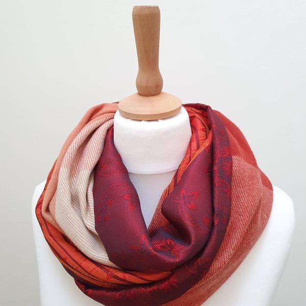 Sari silk and tweed double sided infinity scarf - snood. Autumnal colours, tan, 