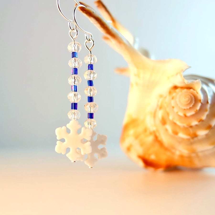 Snowflake Earrings With Sparkly Crystals And Ice Blue Glass - Free UK Delivery