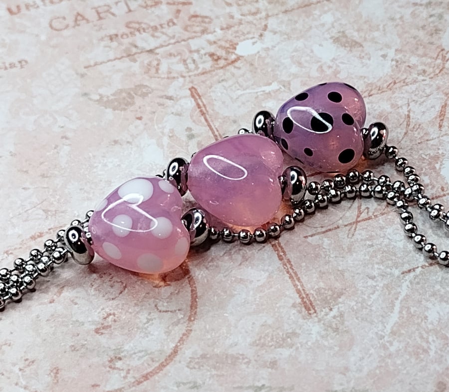 Pink opal heart glass bead bracelets