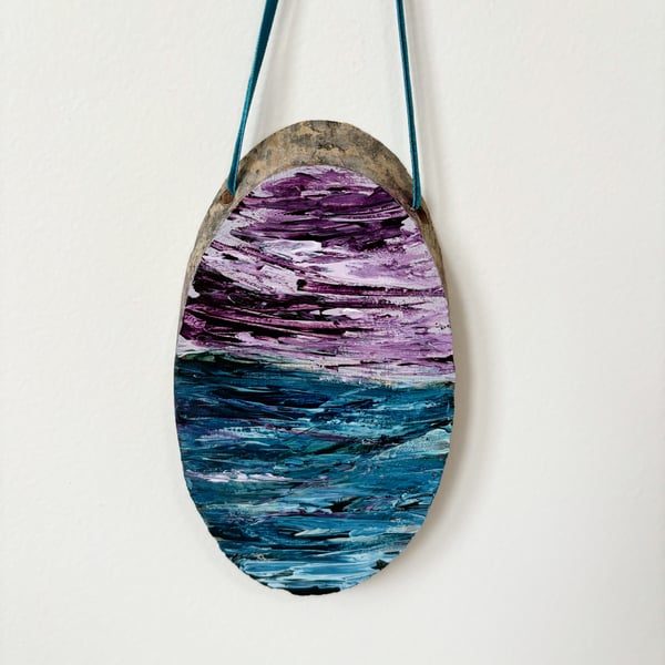 Original Seascape Hanging Wooden Log Slice - 'Clarity'