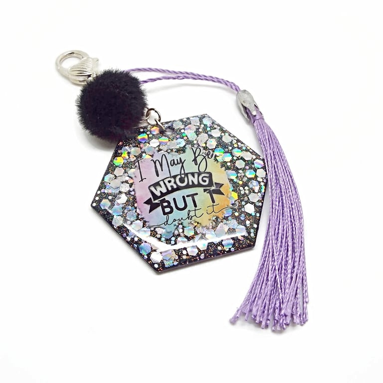 Sarcastic Bag Charm in Black and Purple with Tassel and Pompom