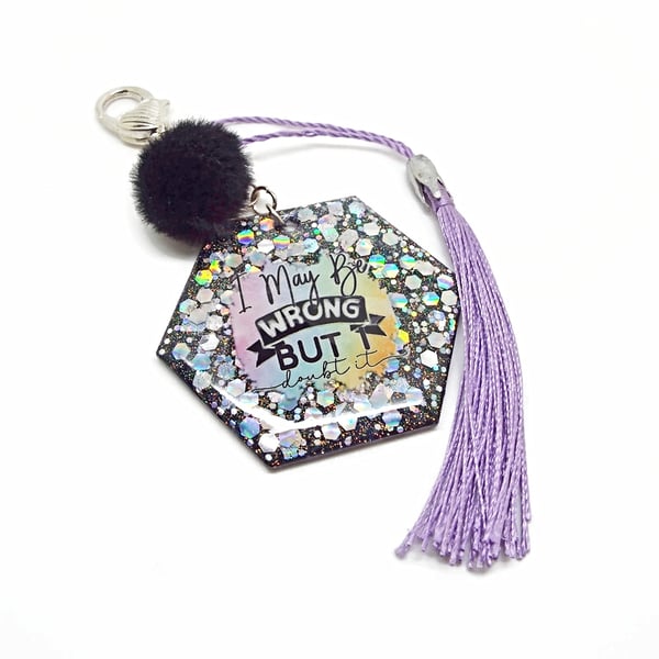 Sarcastic Bag Charm in Black and Purple with Tassel and Pompom