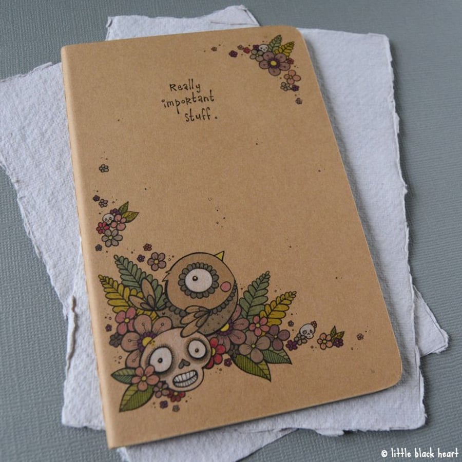 pocket notebook with original illustration - skulls bird