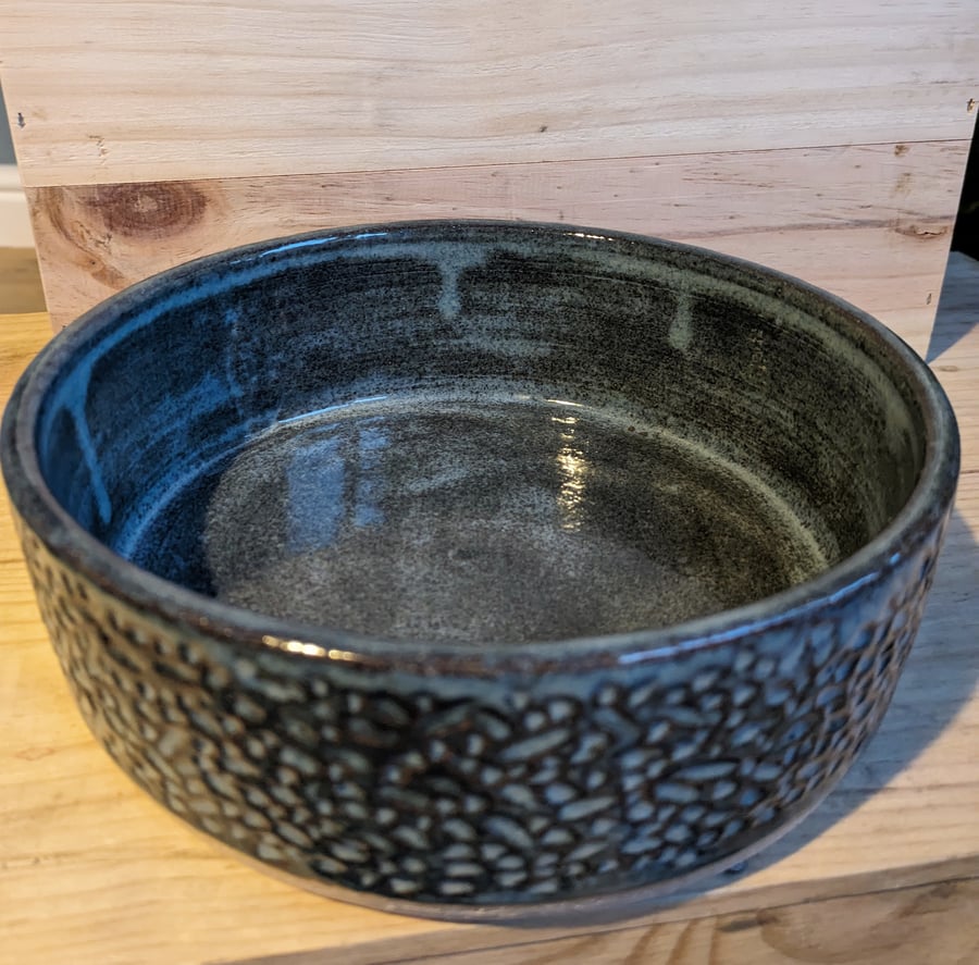 Carved & textured clay salad or serving bowl