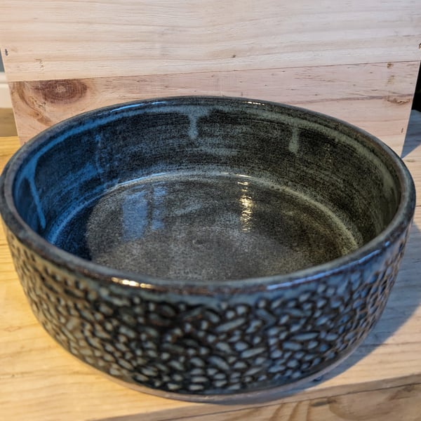 Carved & textured clay salad or serving bowl