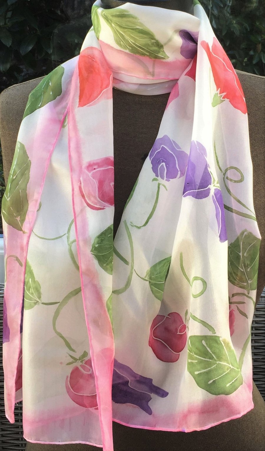 Sweet Peas hand painted silk scarf