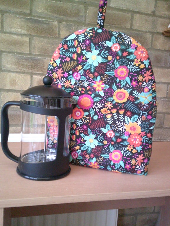 Bright Colour Flowers on Black Extra Large Coffee Pot Cosy