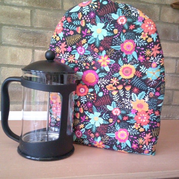 Bright Colour Flowers on Black Extra Large Coffee Pot Cosy