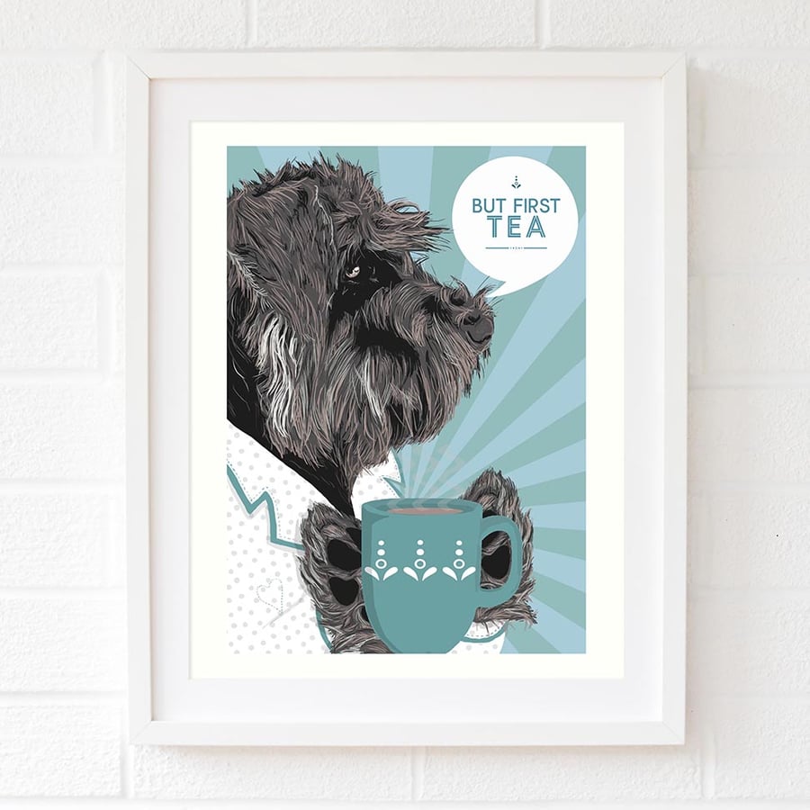 Duck egg blue Schnauzer gift for her, Schnauzer wall art, tea wall art