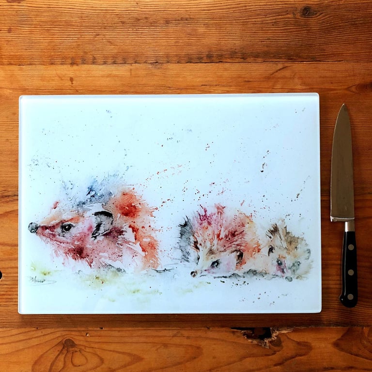 Hedgehogs Glass Chopping Board, Kitchen Worktop Saver, Table Mat, Cutting Mat. W