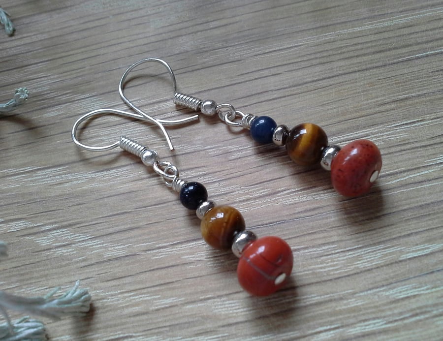 Dainty Red Jasper,  Lapis Lazuli,  Tiger's Eye Silver Plate Earrings