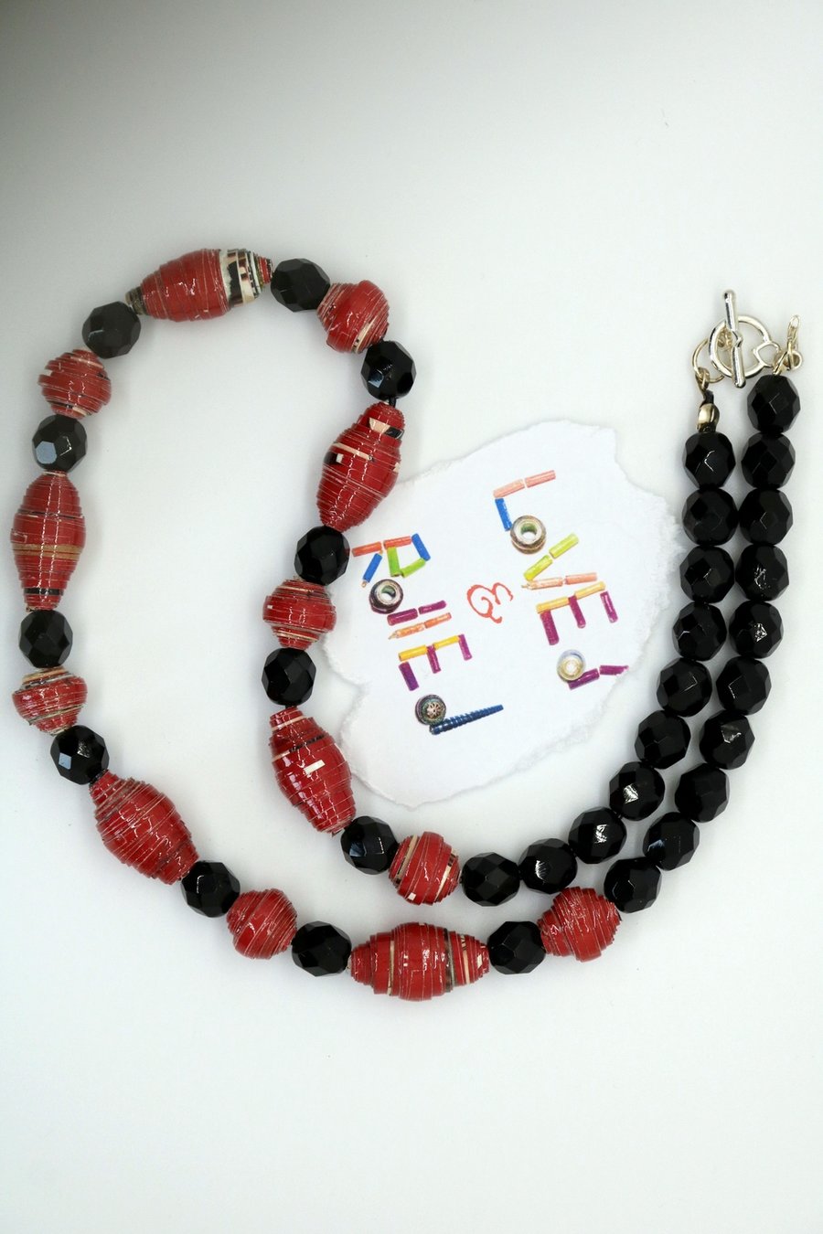 Red & black necklace made with paper beads
