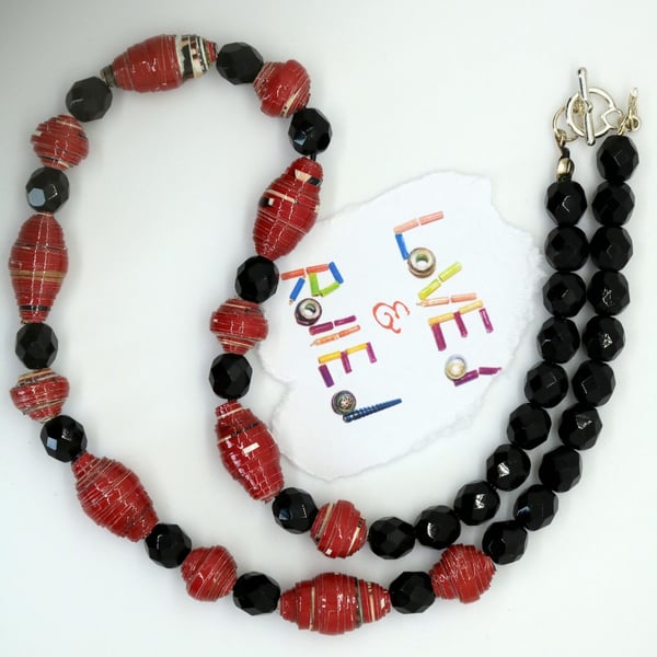 Red & black necklace made with paper beads