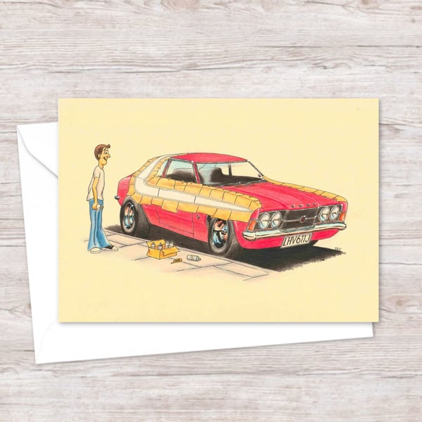 Seventies Car Greetings Card: Hand Drawn Pencil Illustration (307)