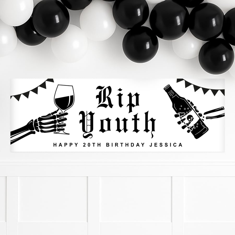Personalised Birthday Banner – RIP Youth – Funny Gothic Party Decoration 
