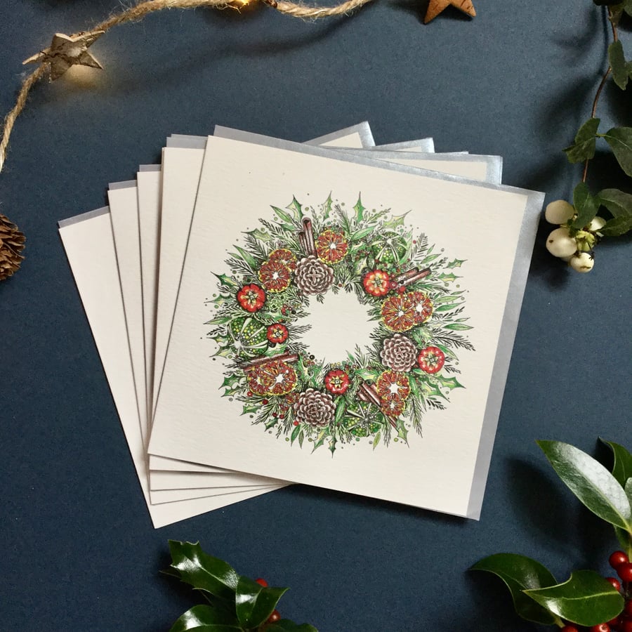 Christmas Orange and Cinnamon Wreath Card pack x 6 