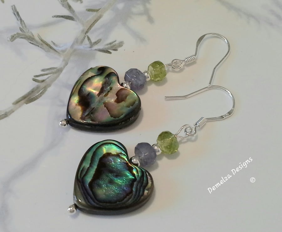 Large Abolone Shell Hearts,  Tanzanite & Peridot Sterling Silver Earrings