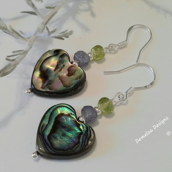 Large Abolone Shell Hearts,  Tanzanite & Peridot Sterling Silver Earrings