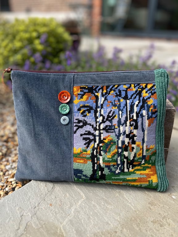 Repurposed woodland trees tapestry large soft pouch
