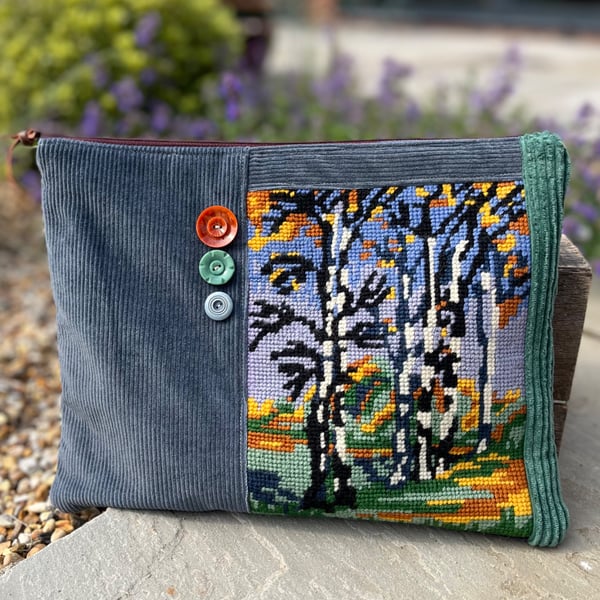 Repurposed woodland trees tapestry large soft pouch