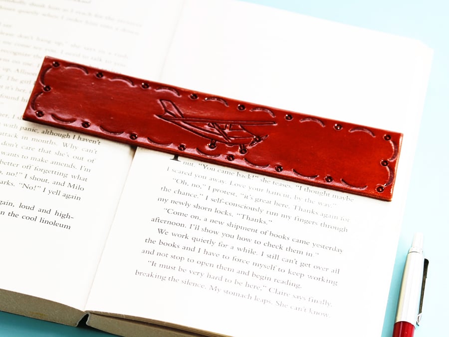Hand Carved Cessna Plane Leather Bookmark, Unique Book Mark For Pilot Gift