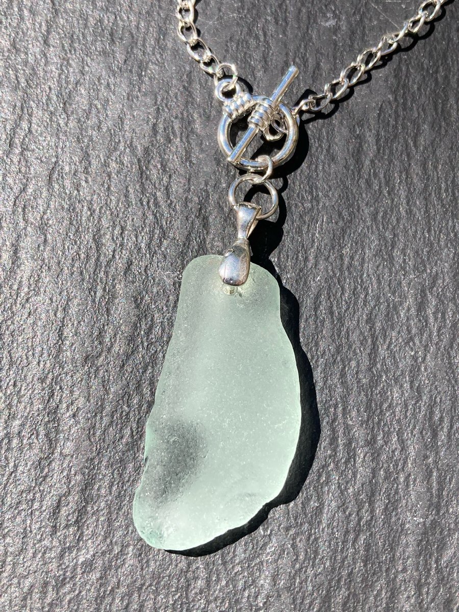 Sea green seaglass and silver plate chain pendant