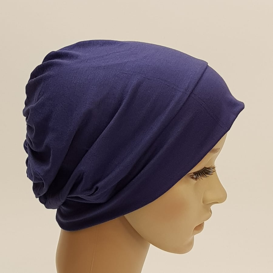 Dark blue stretchy chemo hat alopecia hair loss beanie surgical scrub cap