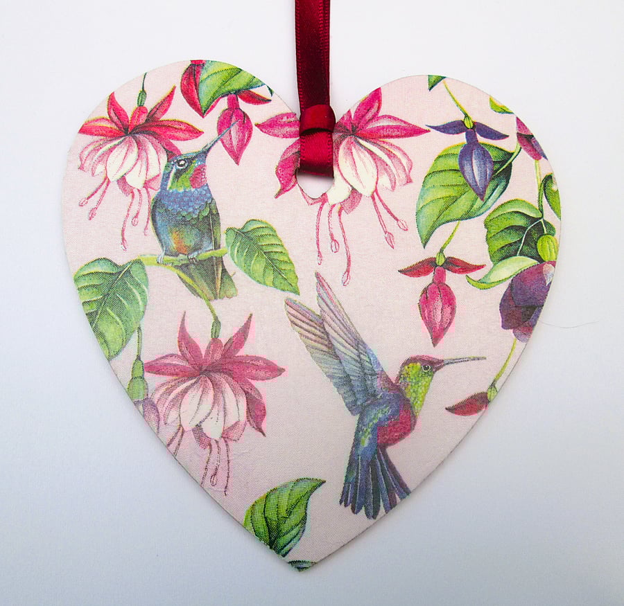 Fuchsias and hummingbirds wood decoupage heart hanging decoration