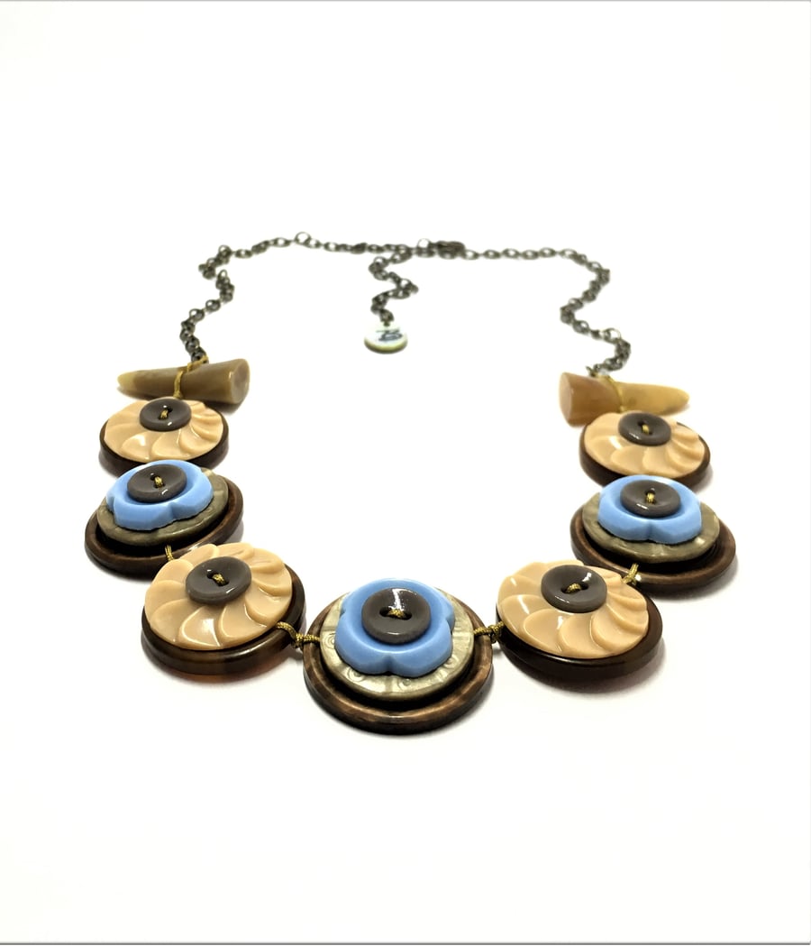 SALE - Beige and Baby Blue - Vintage Button Handmade Necklace 