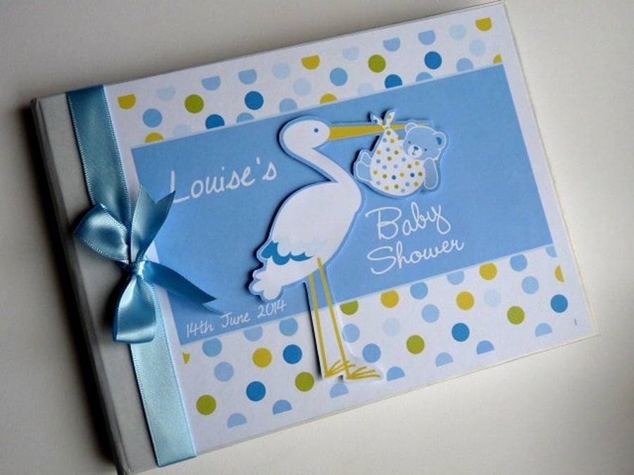 Stork boy baby shower guest book, stork baby shower party gift