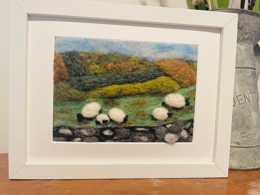 Unique ART Painting, 'Sheep on English Countryside fields', painted with Wool